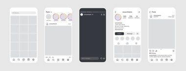 Minimalist mobil arayüz modeli, beslenme, profil, hikaye gibi çeşitli sosyal medya ekran düzenlerini ve hafif bir arkaplanda paylaşımları göstermektedir. Vektör illüstrasyonu