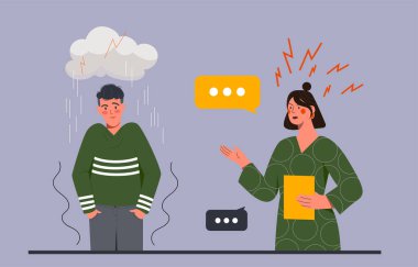 Kızgın bir kadının, fırtına bulutu altındaki üzgün bir adama mor arka planda düz çizgi film tarzında bağırdığı bir görüntü. Stres, çatışma ve duygu kavramı. Vektör illüstrasyonu