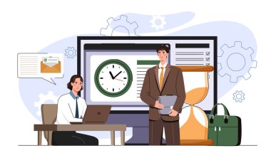 Bir ofiste saat, kum saati ve kontrol listesi olan iki iş adamı, verimliliği ve zaman yönetimini sembolize ediyor. Vektör illüstrasyonu