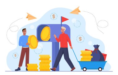 İki adam kumar makinesinin yanında büyük altın paralar değiş tokuş ediyormuş. Biri para çantaları ve bozuk paralarla dolu bir arabayı çekiyormuş. Beyaz arka planda düz bir tarzı varmış. Yatırım kavramı. Vektör illüstrasyonu