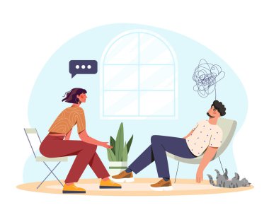 Kadın bir terapistle konuşan bir adam, yanında kedi yatarken ve kafasının üstünde karmaşık bir düşünce baloncuğu varken rahat bir odada oturuyor. Vektör illüstrasyonu