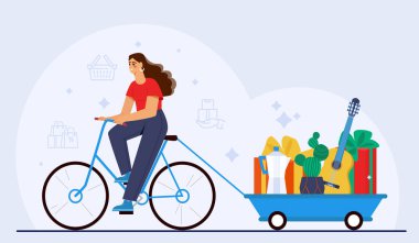 Hediyeler, bitkiler ve ev eşyalarıyla dolu bir karavanı çekerken düz bir çizgi film tarzında hafif arka planda bisiklet süren bir kadın. Çevre dostu alışveriş kavramı. Vektör illüstrasyonu