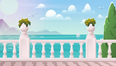 Beyaz balyoz, saksı bitkileri ve okyanus manzaralı, dağlar, bulutlar ve düz çizgi film tarzında yelkenliler içeren zarif bir deniz terası. Vektör illüstrasyonu