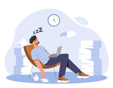 Bir adam kucağında dizüstü bilgisayarla bir sandalyede uyuyor. Etrafı kağıt yığınları ve saatlerle çevrili. Düz bir tarzda, soyut bir arkaplanda. İş yorgunluğu kavramı. Vektör illüstrasyonu