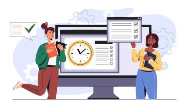 Kitapları olan iki kadın, beyaz arka planda çizgi film tarzı bir saat ve kontrol listesi gösteren büyük bir monitörün yanında duruyor. Verimlilik ve planlama kavramı. Vektör illüstrasyonu