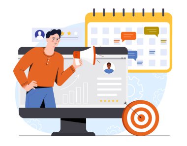 Bilgisayar ekranından megafon tutan adam, sohbet baloncukları ve arka planda hedef tahtası olan takvim, düz stil, beyaz arkaplan. Çevrimiçi tanıtım kavramı. Vektör illüstrasyonu