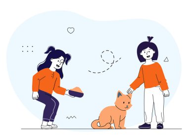 Oturan bir kediyle etkileşime giren iki kız, biri besleniyor ve diğeri onu okşuyor, açık mavi soyut bir arka plan ile minimum düz bir şekilde. Hayvan bakımı kavramı. Vektör illüstrasyonu