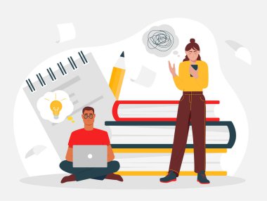 Dizüstü bilgisayar kullanan bir erkek öğrenci bir yığın kitabın yanında otururken, bir kız öğrenci hafif bir arkaplanda telefon tutarken stresli görünüyor. Eğitim stresi kavramı. Vektör illüstrasyonu