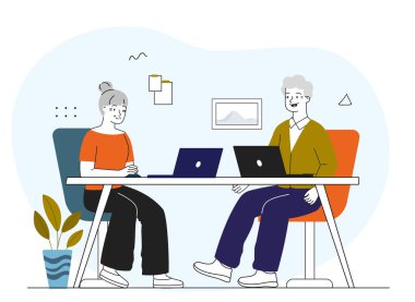 Dizüstü bilgisayarları olan iki kişi, minimal düz dizayn tarzı, açık mavi soyut arka plan, takım çalışması ve iletişim konsepti. Vektör illüstrasyonu