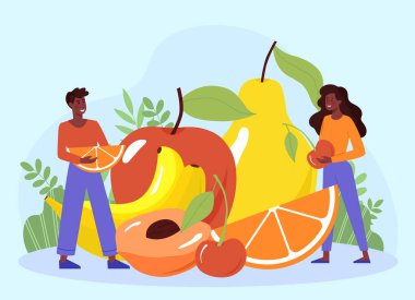 İki mutlu insan, yeşil yapraklı açık mavi bir arka planda büyük boy elma, muz, armut ve portakalla meyve tutuyor. Sağlıklı beslenme kavramı. Vektör illüstrasyonu