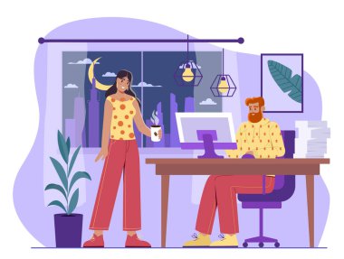 İki ofis çalışanı, rahat bir gece çalışma alanında, biri bilgisayarın üstünde masada oturuyor, diğeri de kahveyle ayakta duruyor. Soyut arkaplanda düz çizgi film tarzı. Vektör illüstrasyonu