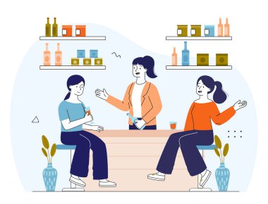Kafe tezgahında içkilerle etkileşime giren üç kadın, renkli düz stil, arka planda raflar ve bitkiler, sosyalleşme ve arkadaşlık kavramı. Vektör illüstrasyonu