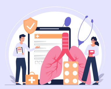 Arka planda akciğer, ilaç, steteskop ve tablet arayüzü ile akciğer sağlığını tartışan iki doktorun solunum tedavisini sembolize ettiği illüstrasyon. Vektör illüstrasyonu