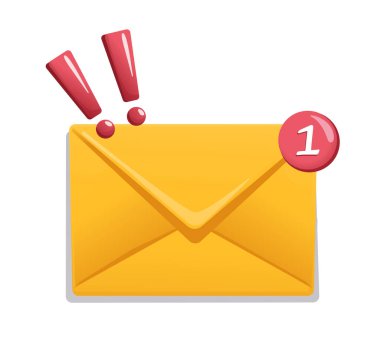 Üzerinde kırmızı uyarı rozeti olan sarı zarf beyaz arka planda bir numara ve iki kırmızı ünlem işareti var. Acil e-posta uyarısı kavramı. Vektör illüstrasyonu