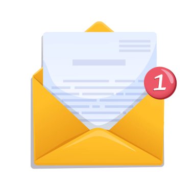 İçinde kağıt bir zarf ve kırmızı uyarı rozeti olan sarı zarf bir numarayı gösteriyor, beyaz arka planda çizgi film tarzı. Yeni e-posta uyarısı kavramı. Vektör illüstrasyonu