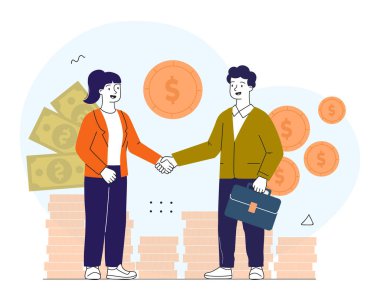 İki iş adamı para ve parayla çevrili beyaz bir arka planda düz çizgi film tarzında el sıkışıyor. Ortaklık ve finans kavramı. Vektör illüstrasyonu