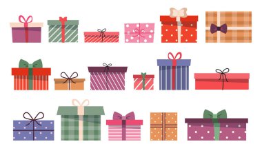 Renkli hediye kutularının koleksiyonu, çeşitli desenler ve fiyonklar, düz grafik tarzı, beyaz arka planda izole. Kutlama ve hediye kavramı. Vektör illüstrasyonu