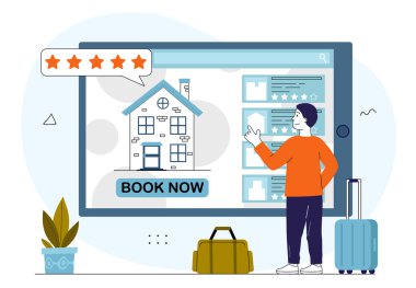 Bir kişi dijital arayüz kullanarak internet üzerinden tatil için kiralama yapıyor, beş yıldızlı reytingler ve seyahat bagajları beyaz arka planda. Seyahat planı kavramı. Vektör illüstrasyonu
