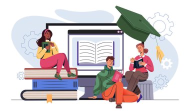 Bir grup öğrenci bilgisayar ekranının yanında açık bir kitap ikonu, düz stil, beyaz arkaplan, eğitim ve dijital öğrenme kavramına sahip kitaplar okuyor. Vektör illüstrasyonu
