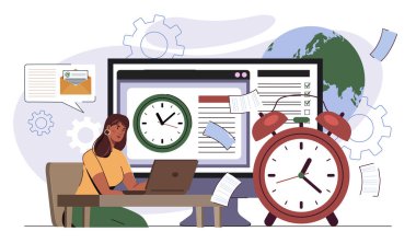 Dizüstü bilgisayarında saatleri, monitörü ve etrafındaki belgelerle çalışan bir kadın. Beyaz arka planda düz bir tarzı var. Zaman yönetimi ve verimlilik kavramı. Vektör illüstrasyonu