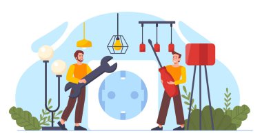 İki elektrikçi ellerinde çeşitli lambalar ve mavi soyut bir arka planda düz çizgi film tarzıyla çevrili dev aletler tutuyorlar. Elektrik işi kavramı. Vektör illüstrasyonu