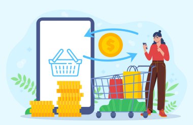 Akıllı telefonu çantalar ve bozuk paralarla dolu bir arabanın yanında online alışveriş yapmak için kullanan bir kadın, telefon ve sepetli dijital işlem, soyut bir arkaplanda. Vektör illüstrasyonu