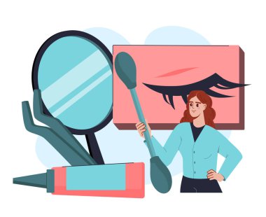 Kirpik aplikatörü, ayna, yapıştırıcı, cımbız ve beyaz arka planda çizgi film tarzında göz grafiği olan bir kadın. Güzellik anlayışı. Vektör illüstrasyonu