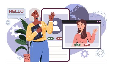 İki kadın bir video görüşmesi üzerinden birbirlerini selamlıyorlar, biri ekranda, biri soyut teknoloji unsurları ve arka planda küresel haritayla. Vektör illüstrasyonu