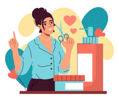 Kadın kuaför gülümsüyor ve elinde makas var, etrafı saç bakım ürünleri ve kalplerle çevrili, beyaz arka planda düz grafik tarzı. Güzellik hizmetleri kavramı. Vektör illüstrasyonu