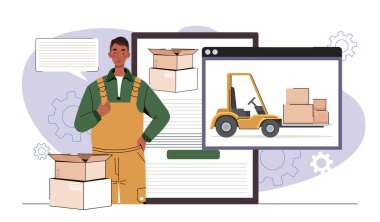 Karton kutuların ve forklift kamyonunun yanında duran üniformalı bir erkek depo çalışanı dijital ekranlarda, düz grafik şeklinde, beyaz arka planda. Lojistik kavramı. Vektör illüstrasyonu