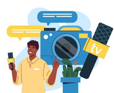 Bir TV muhabiri elinde büyük bir kamera ve arka planda konuşma baloncukları olan beyaz bir arka planda modern düz grafik tarzı bir mikrofon tutuyor. Gazetecilik kavramı. Vektör illüstrasyonu