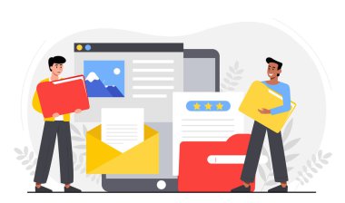 Beyaz arkaplanda doküman, e-posta ve resimleri gösteren büyük tablet ekranlı renkli klasörler tutan iki adam. Takım çalışması ve dosya paylaşımı kavramı. Vektör illüstrasyonu