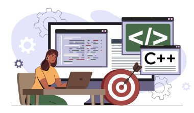 C + + üzerinde çalışan dişi programcı, beyaz arka planda kodlama ekranları ve vites simgeleriyle çevrili bir dizüstü bilgisayarla çalışıyor. Programlama ve geliştirme kavramı. Vektör illüstrasyonu