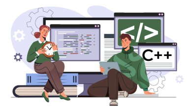 Bilgisayar ekranları, kodlar ve viteslerle çevrili iki genç programcı. Birinin elinde saat, diğerinde tablet var. Beyaz arkaplanda vektör illüstrasyonu