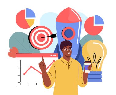 Elinde roketli kahve fincanı tutan adam, hedef, ampul ve arka planda grafikler, beyaz arka planda düz tasarım. Başlangıç başarısı ve yenilik kavramı. Vektör illüstrasyonu