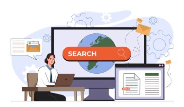 Evraklar, e-postalar, vitesler ve zarf simgeleriyle çevrili geniş ekranlı bir laptop kullanan kişi. Küresel internet arama kavramı, dijital iletişim. Vektör illüstrasyonu
