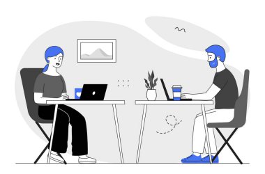 Masalarda karşılıklı dizüstü bilgisayarlar üzerinde çalışan iki kişi, minimalist tarzda, kahve fincanları ve dekorla, soyut bir arkaplanda. Vektör illüstrasyonu