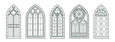 Yetişkinler için boyama sayfası ayarlandı. Klasik Gotik tapınak pencerelerinin ya da Katolik Hristiyan kemer çerçevelerinin siyah beyaz çizimleri. Taslak vektör illüstrasyon koleksiyonu arkaplanda izole edildi