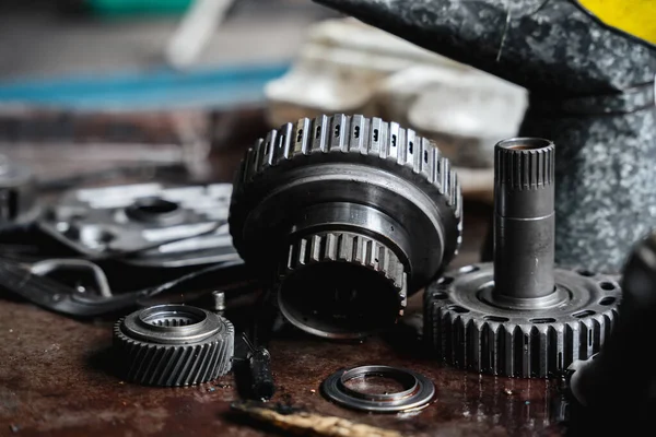 stock image Close up mechanical parts of car in the garage.