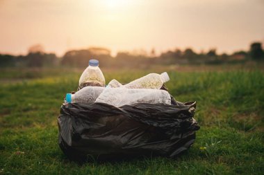 Kapalı el, parkta çöp plastiği topluyor. Çimlerin üzerinde plastik şişe temizleyen bir gönüllü. Çevre, geri dönüşüm ve koruma kavramı.
