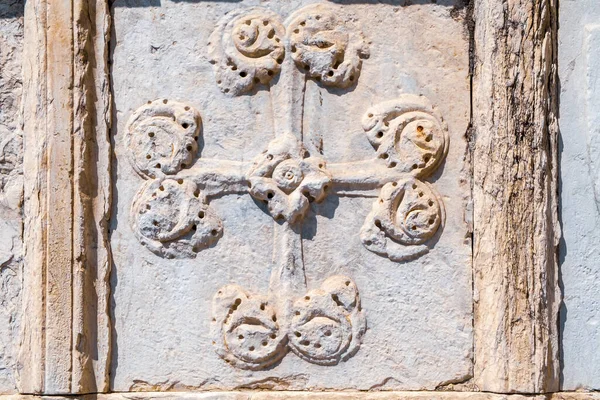 Detalhe Brasões Pedra Fachada Uma Igreja Medieval Florentina — Fotografia de Stock
