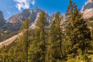 Alta Badia Alpler'de Dolomiti amd doruklarına görünümü, Trentino Alto Adige bölgesinin İtalya'nın peyzaj