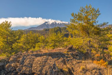 Etna 'nın engebeli yolları lav tarlaları ve karla çevrili..