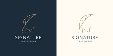 Minimalist quill feather pen signature logo design. handwriting concept logo and design golden color