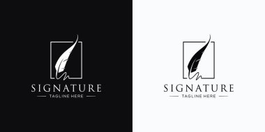 creative feather ink logo with square frame shape. signature quill feather pen inspiration.