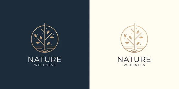 minimalist tree logo icon line style. circular tree concept with gold color. tree logo inspiration.