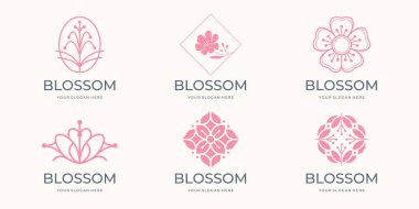 Flower icon set style logo design template. Cherry blossom Pink flowers on white background