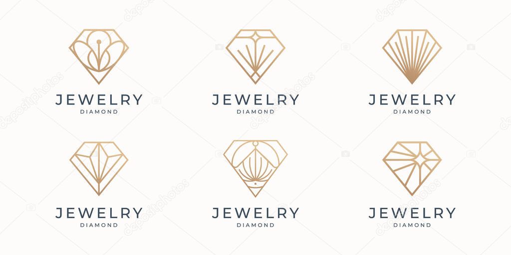 Set of Abstract jewelry gemstones isolated on white. Various forms of diamond cut minimalist line.