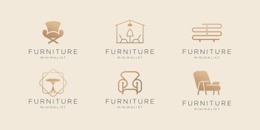 Mobilya logosu ilhamını ayarla. İç logo koltuğu, minimalist stil, logo vektör koltuğu. kanepe simgesi şablonu.