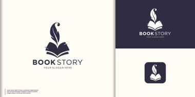 Klasik kitap hikayesi logosu ilham, Quill ve kitap logosu dikey şekil konsepti.